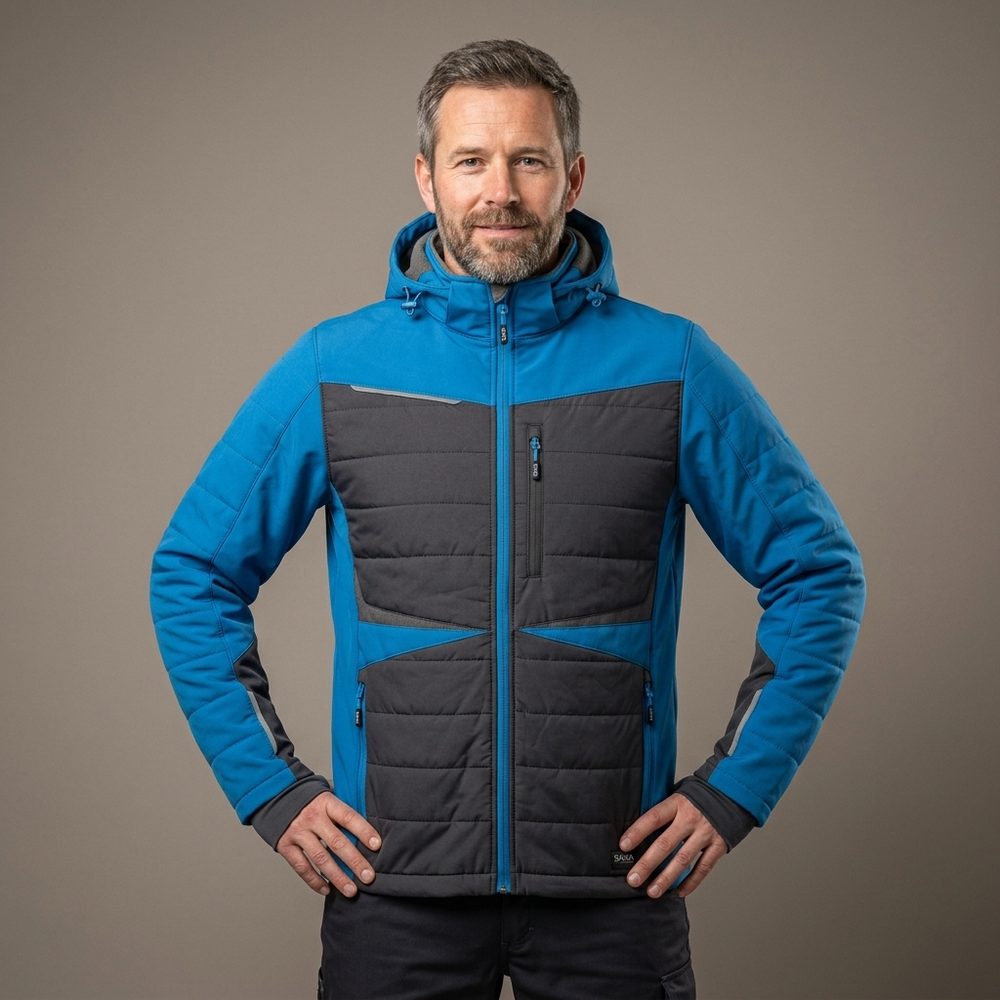 Kurtka robocza hybrydowa Comfort Winter niebiesko-grafitowa — softshell z pikowaniem 350 g/m², wiatroszczelna, wodoodporna, odpinany kaptur
