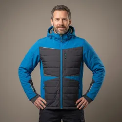 Kurtka robocza hybrydowa Comfort Winter niebiesko-grafitowa — softshell z pikowaniem 350 g/m², wiatroszczelna, wodoodporna, odpinany kaptur