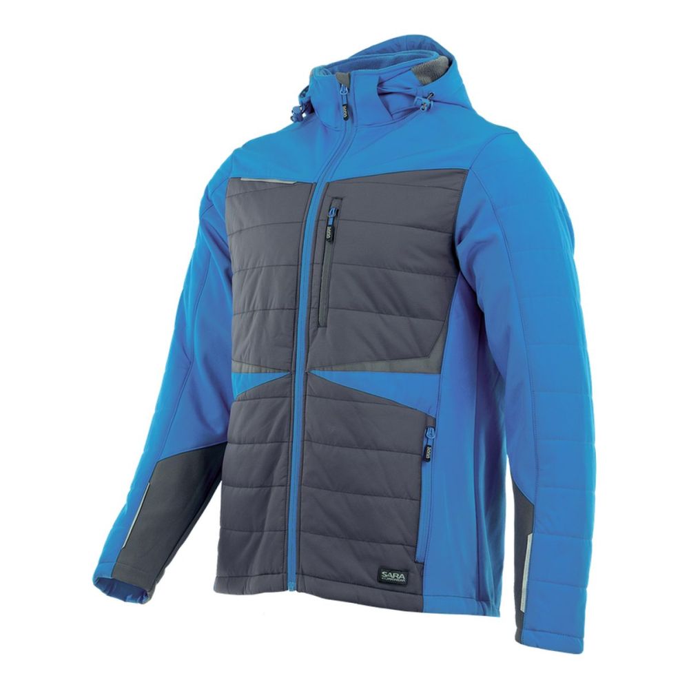 Kurtka robocza hybrydowa Comfort Winter niebiesko-grafitowa — softshell z pikowaniem 350 g/m², wiatroszczelna, wodoodporna, odpinany kaptur