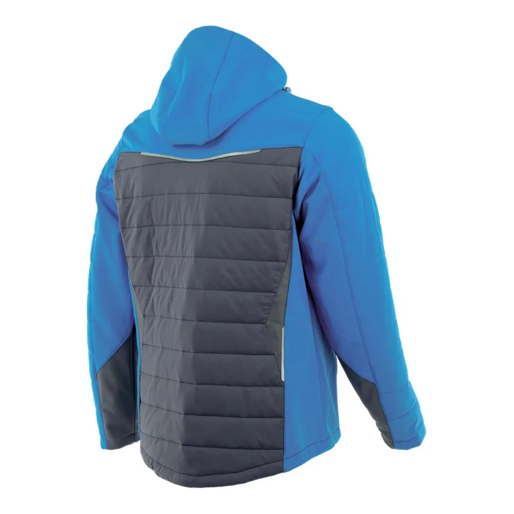 Kurtka robocza hybrydowa Comfort Winter niebiesko-grafitowa — softshell z pikowaniem 350 g/m², wiatroszczelna, wodoodporna, odpinany kaptur