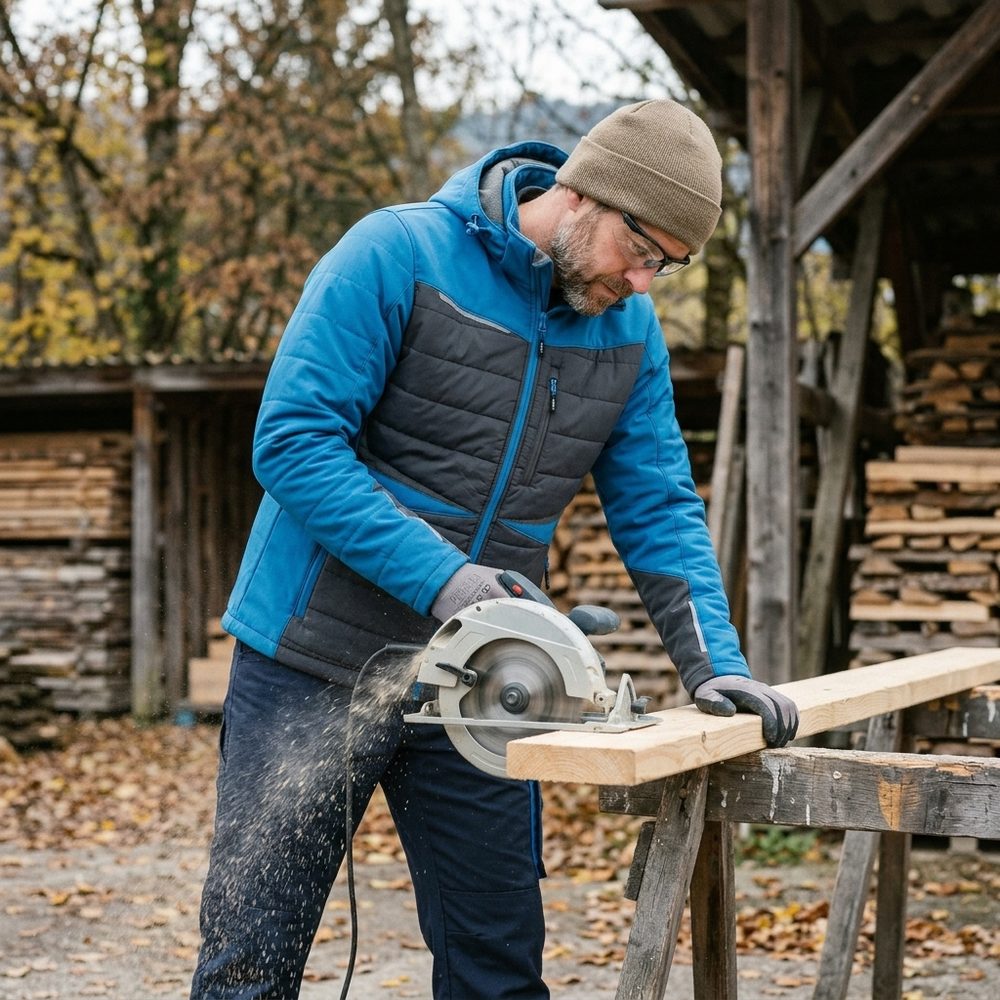 Kurtka robocza hybrydowa Comfort Winter niebiesko-grafitowa — softshell z pikowaniem 350 g/m², wiatroszczelna, wodoodporna, odpinany kaptur