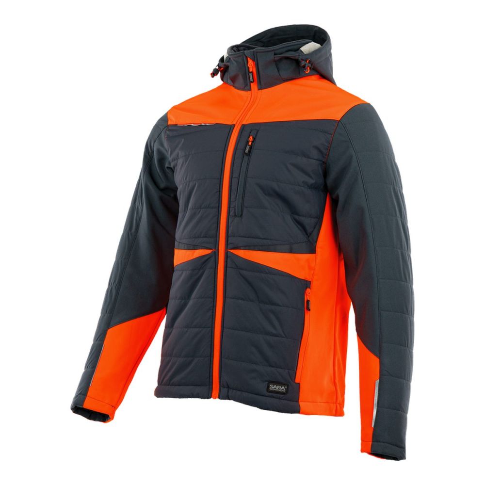 Kurtka robocza hybrydowa Comfort Winter grafitowo-pomarańczowa — softshell z pikowaniem 350 g/m², wiatroszczelna, wodoodporna, odpinany kaptur