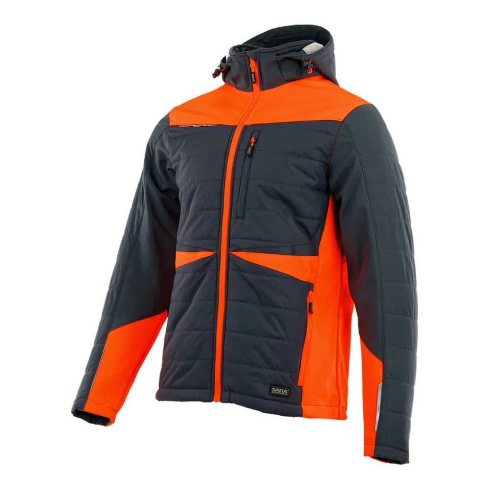 Kurtka robocza hybrydowa Comfort Winter grafitowo-pomarańczowa — softshell z pikowaniem 350 g/m², wiatroszczelna, wodoodporna, odpinany kaptur