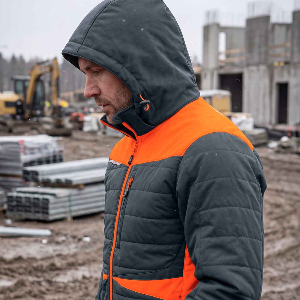 Kurtka robocza hybrydowa Comfort Winter grafitowo-pomarańczowa — softshell z pikowaniem 350 g/m², wiatroszczelna, wodoodporna, odpinany kaptur