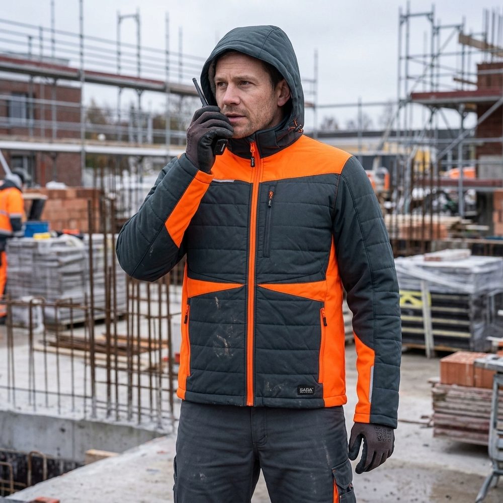 Kurtka robocza hybrydowa Comfort Winter grafitowo-pomarańczowa — softshell z pikowaniem 350 g/m², wiatroszczelna, wodoodporna, odpinany kaptur