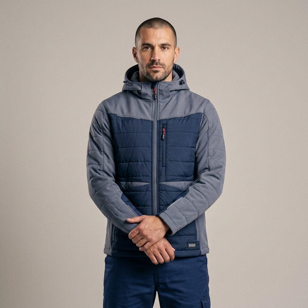Kurtka robocza hybrydowa Comfort Winter granatowo-szara — softshell z pikowaniem 350 g/m², wiatroszczelna, wodoodporna, odpinany kaptur