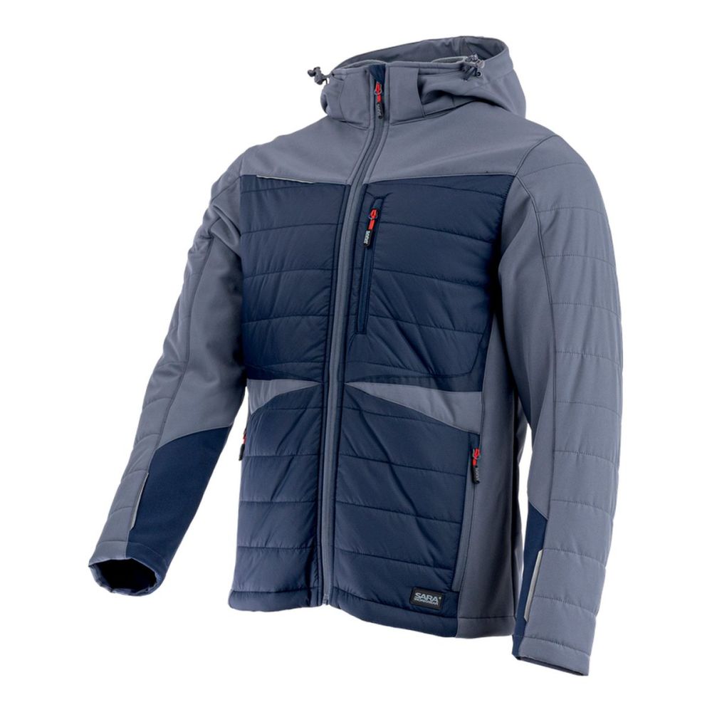 Kurtka robocza hybrydowa Comfort Winter granatowo-szara — softshell z pikowaniem 350 g/m², wiatroszczelna, wodoodporna, odpinany kaptur