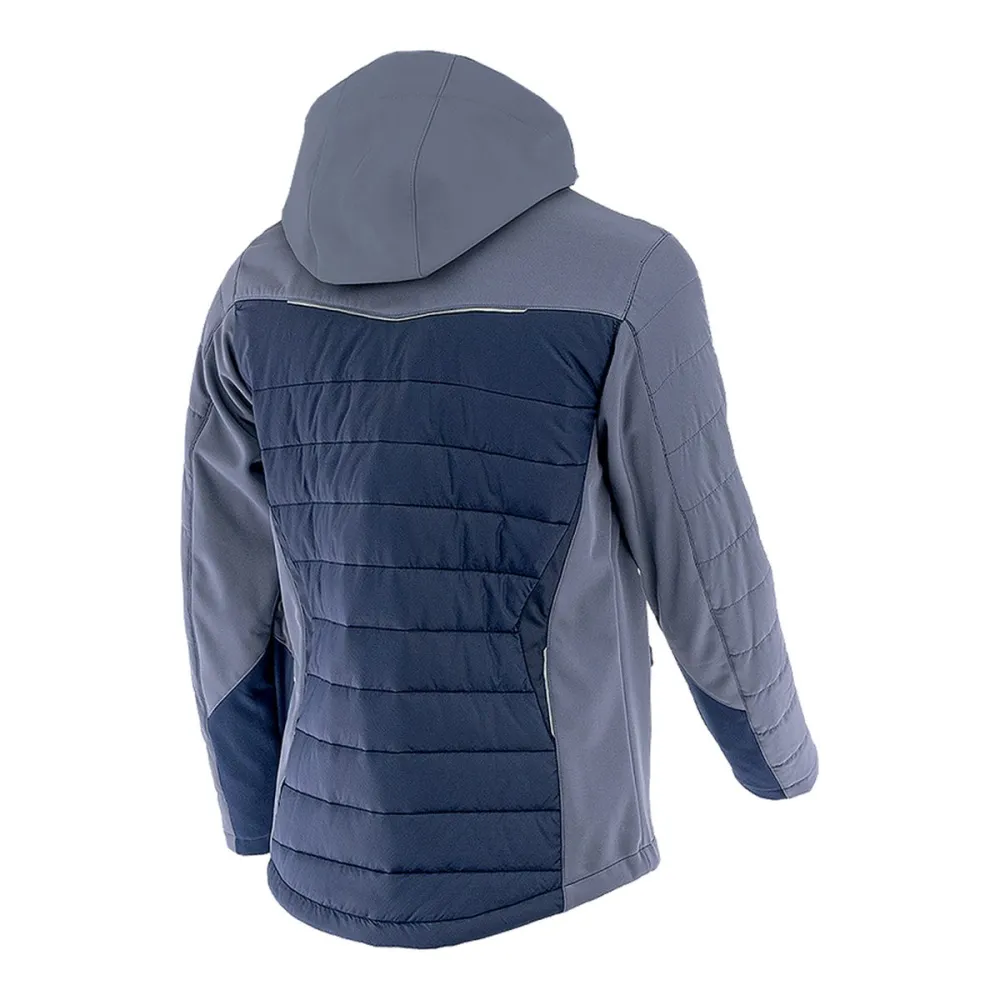 Kurtka robocza hybrydowa Comfort Winter granatowo-szara — softshell z pikowaniem 350 g/m², wiatroszczelna, wodoodporna, odpinany kaptur