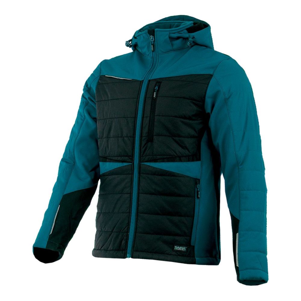 Kurtka robocza hybrydowa Comfort Winter petrolowo-czarna — softshell z pikowaniem 350 g/m², wiatroszczelna, wodoodporna, odpinany kaptur