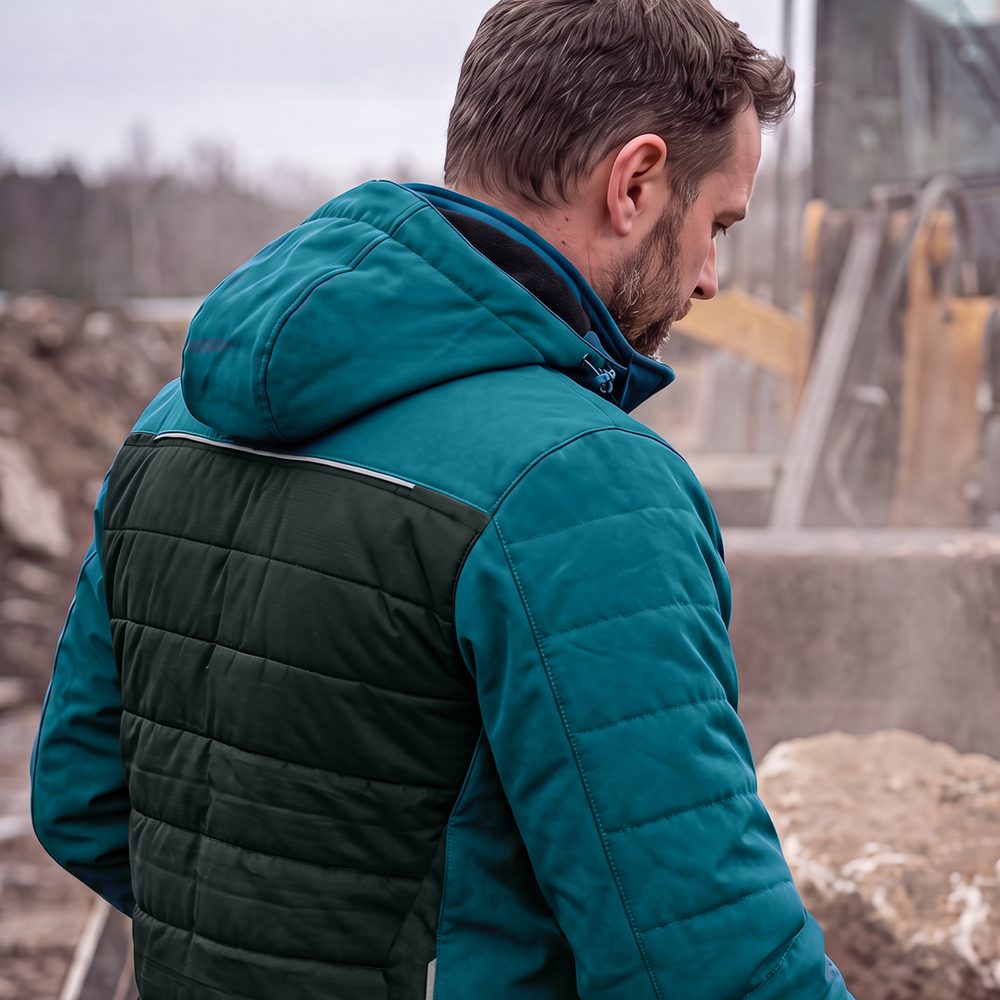 Kurtka robocza hybrydowa Comfort Winter petrolowo-czarna — softshell z pikowaniem 350 g/m², wiatroszczelna, wodoodporna, odpinany kaptur