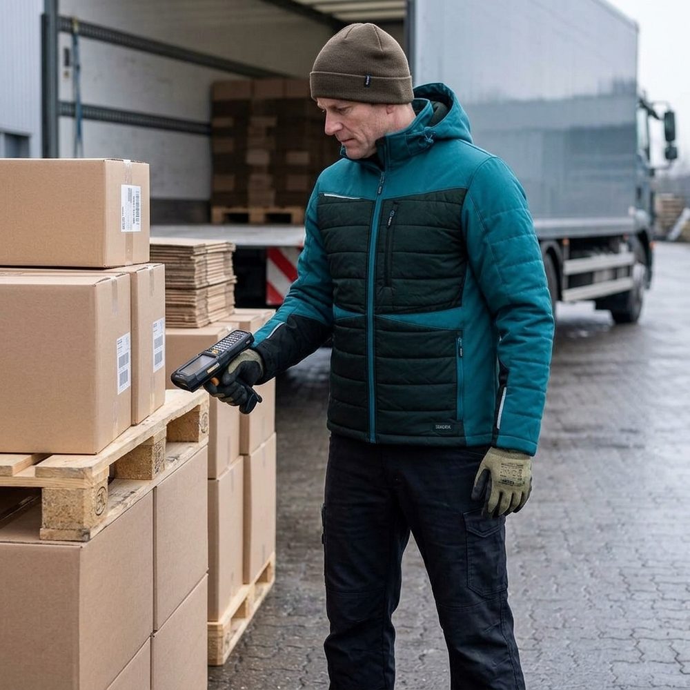Kurtka robocza hybrydowa Comfort Winter petrolowo-czarna — softshell z pikowaniem 350 g/m², wiatroszczelna, wodoodporna, odpinany kaptur
