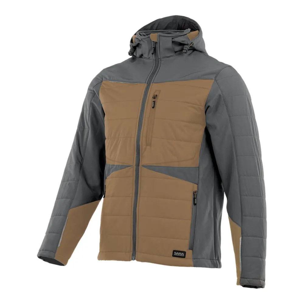 Kurtka robocza hybrydowa Comfort Winter brązowo-grafitowa — softshell z pikowaniem 350 g/m², wiatroszczelna, wodoodporna, odpinany kaptur