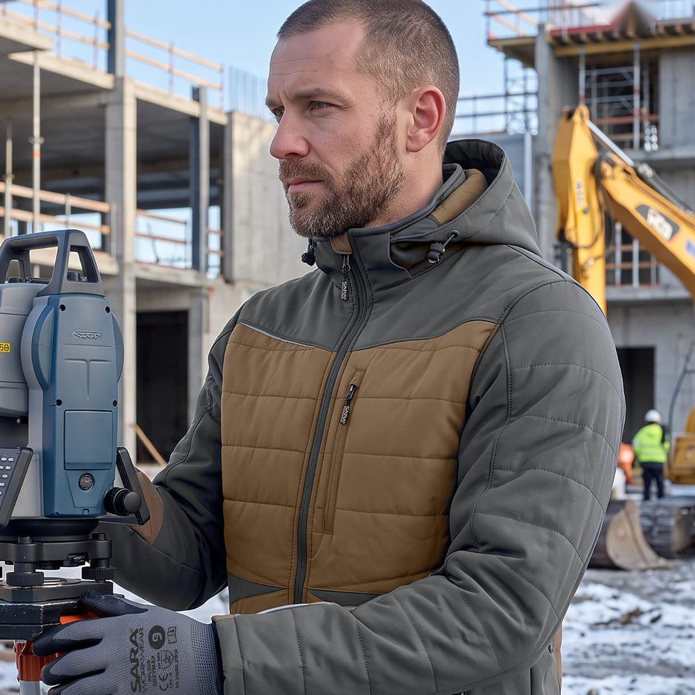 Kurtka robocza hybrydowa Comfort Winter brązowo-grafitowa — softshell z pikowaniem 350 g/m², wiatroszczelna, wodoodporna, odpinany kaptur