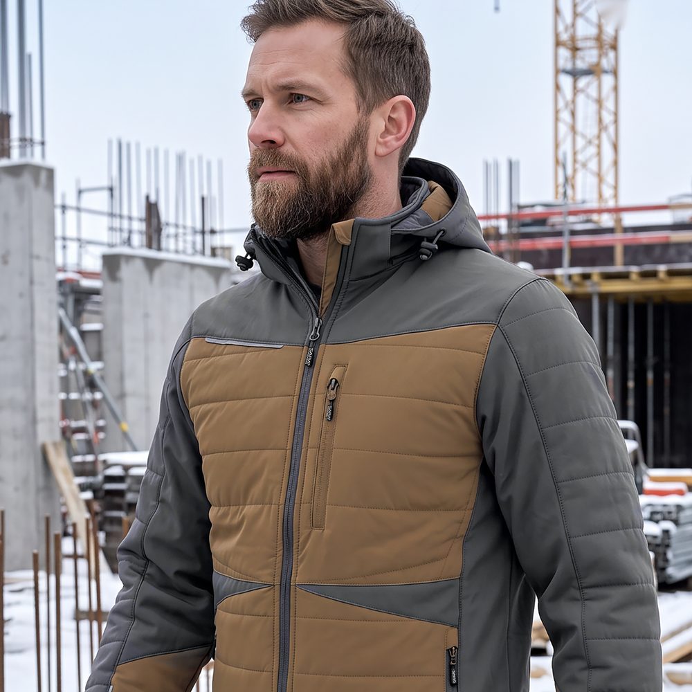 Kurtka robocza hybrydowa Comfort Winter brązowo-grafitowa — softshell z pikowaniem 350 g/m², wiatroszczelna, wodoodporna, odpinany kaptur