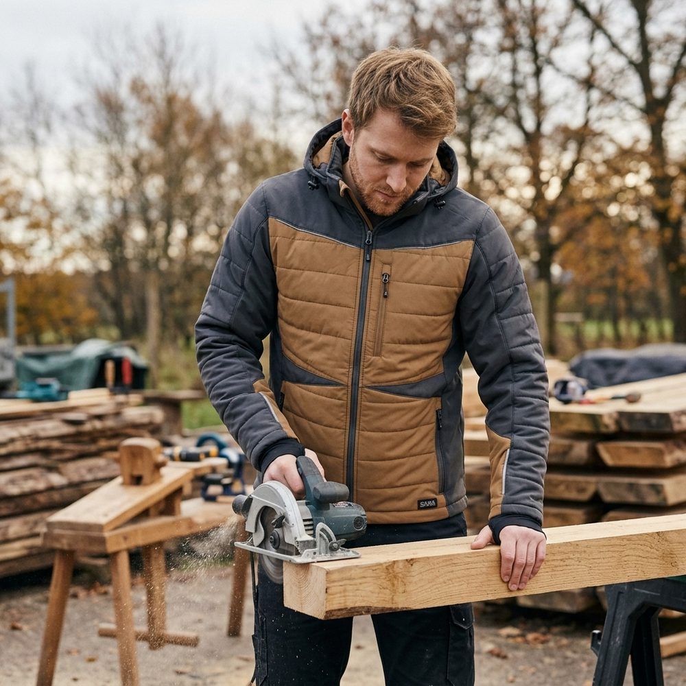 Kurtka robocza hybrydowa Comfort Winter brązowo-grafitowa — softshell z pikowaniem 350 g/m², wiatroszczelna, wodoodporna, odpinany kaptur