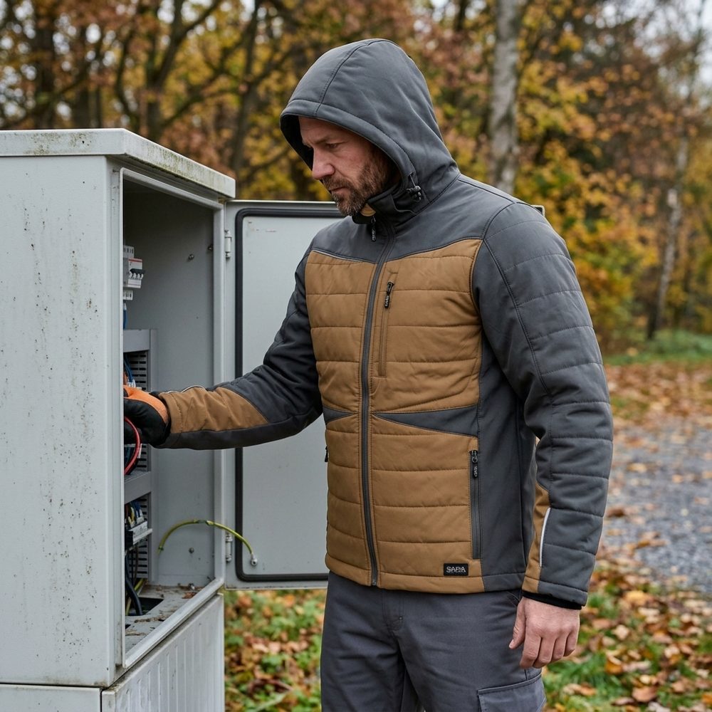 Kurtka robocza hybrydowa Comfort Winter brązowo-grafitowa — softshell z pikowaniem 350 g/m², wiatroszczelna, wodoodporna, odpinany kaptur