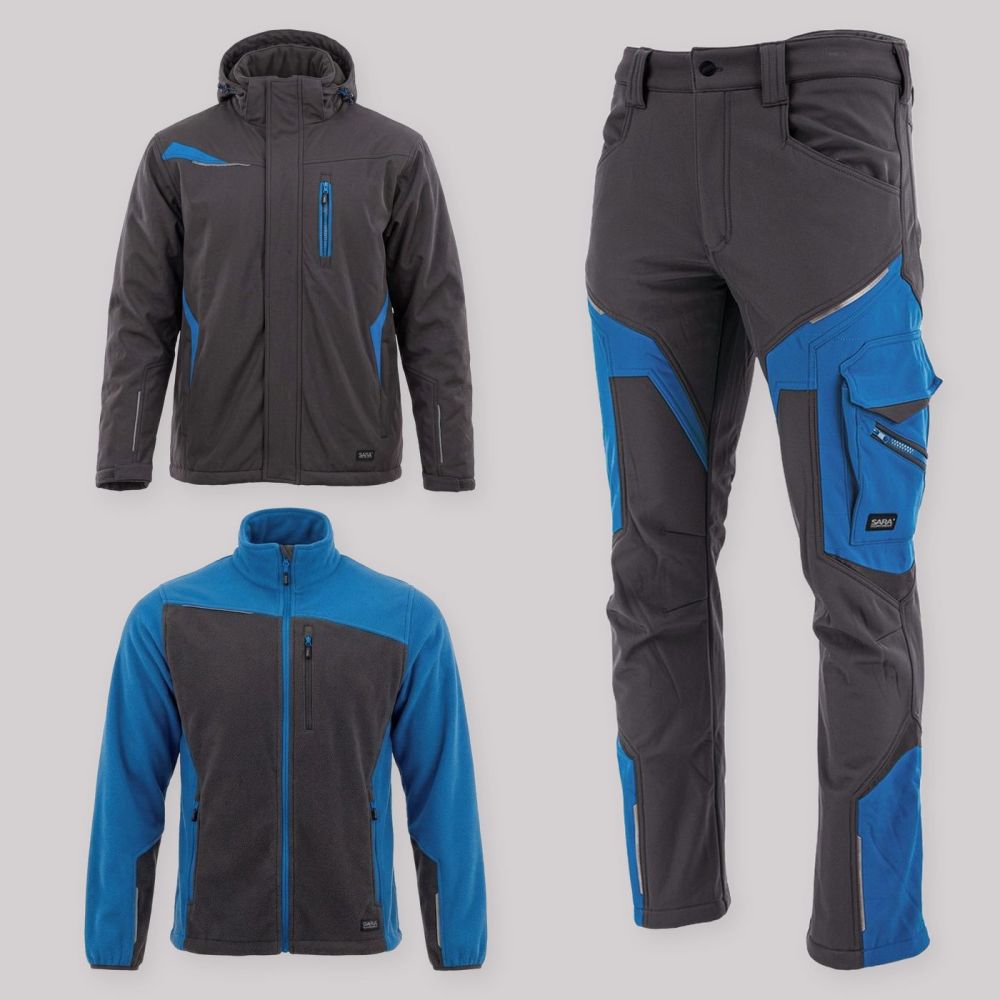 Zestaw roboczy zimowy grafitowo-niebieski — kurtka zimowa Comfort Winter, polar i spodnie softshell