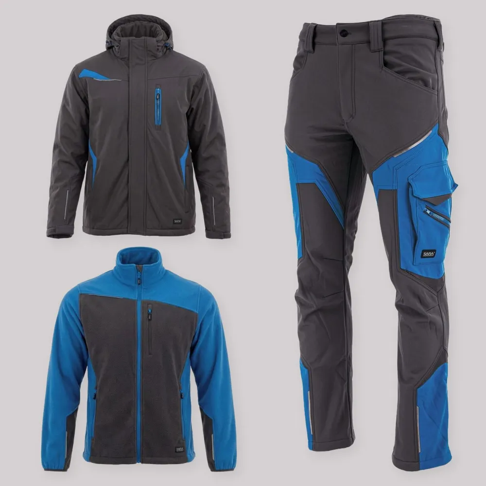 Zestaw roboczy zimowy grafitowo-niebieski — kurtka zimowa Comfort Winter, polar i spodnie softshell