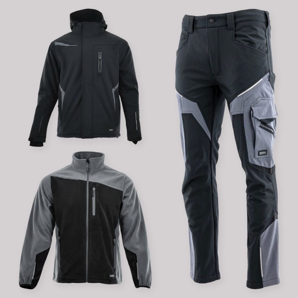 Zestaw roboczy zimowy czarno-szary — kurtka zimowa Comfort Winter, polar i spodnie softshell