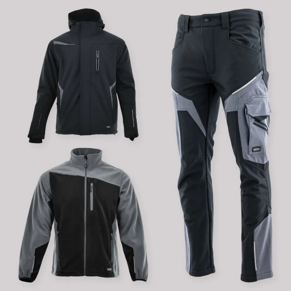 Zestaw roboczy zimowy czarno-szary — kurtka zimowa Comfort Winter, polar i spodnie softshell