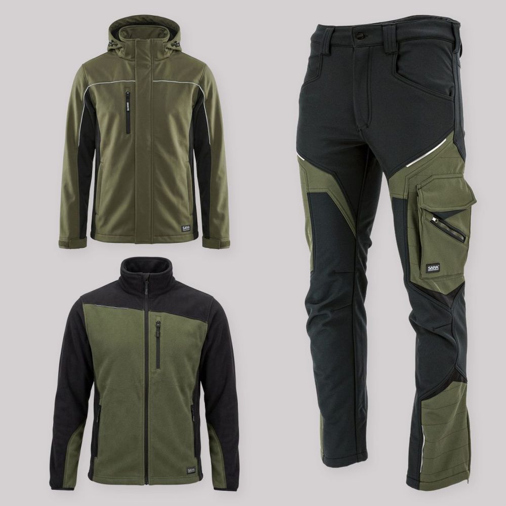 Zestaw roboczy zimowy oliwkowo-czarny — kurtka zimowa Comfort Winter, polar i spodnie softshell