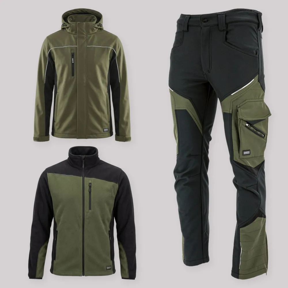 Zestaw roboczy zimowy oliwkowo-czarny — kurtka zimowa Comfort Winter, polar i spodnie softshell