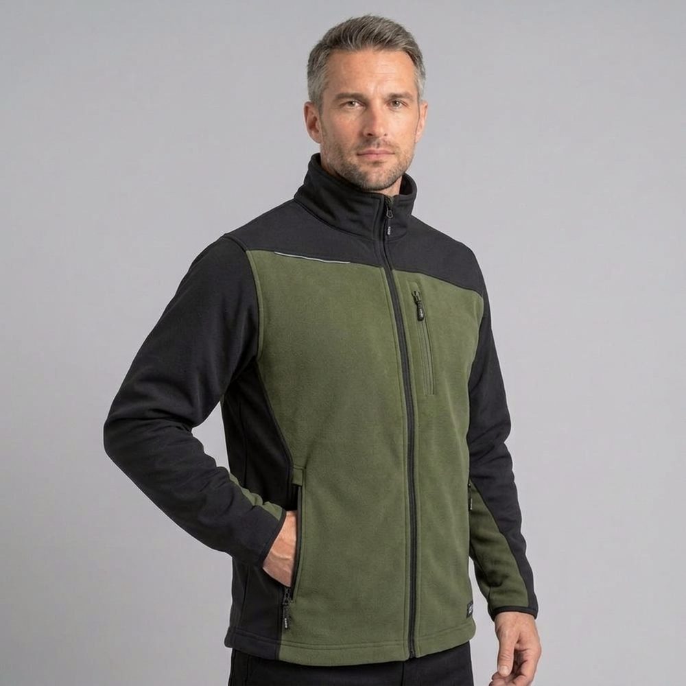 Zestaw roboczy zimowy oliwkowo-czarny — kurtka zimowa Comfort Winter, polar i spodnie softshell