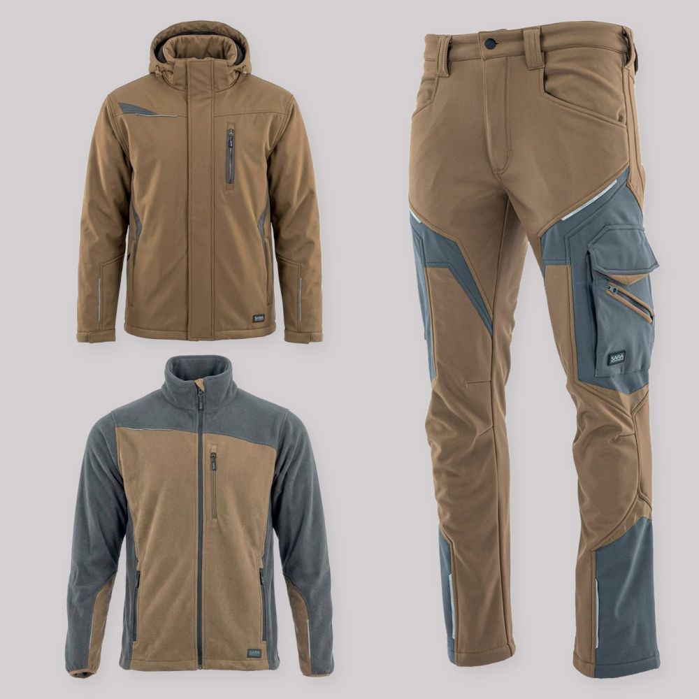 Zestaw roboczy zimowy brązowo-grafitowy — kurtka zimowa Comfort Winter, polar i spodnie softshell