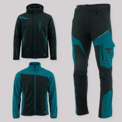 Zestaw roboczy zimowy czarno-petrolowy — kurtka zimowa Comfort Winter, polar i spodnie softshell