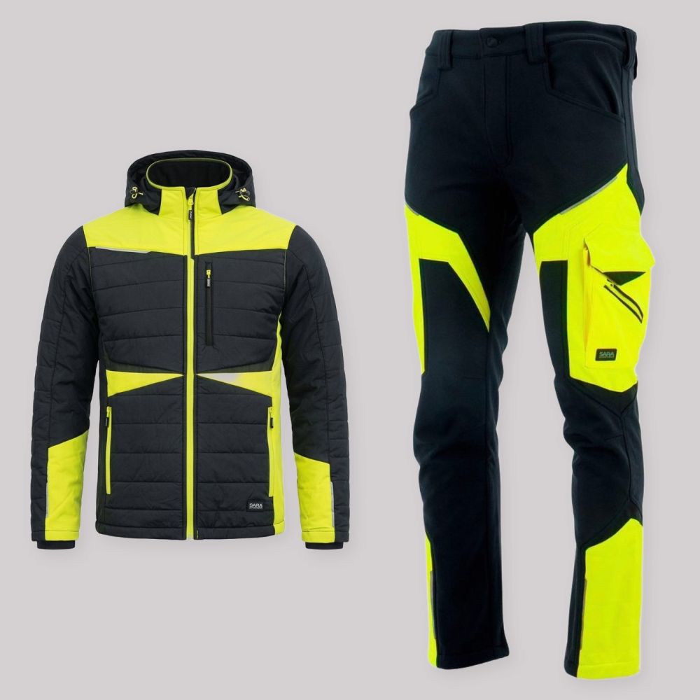 Zestaw roboczy na chłodne dni czarno-żółty — kurtka hybrydowa i spodnie softshell Comfort Winter