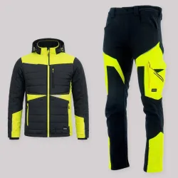 Zestaw roboczy na chłodne dni czarno-żółty — kurtka hybrydowa i spodnie softshell Comfort Winter