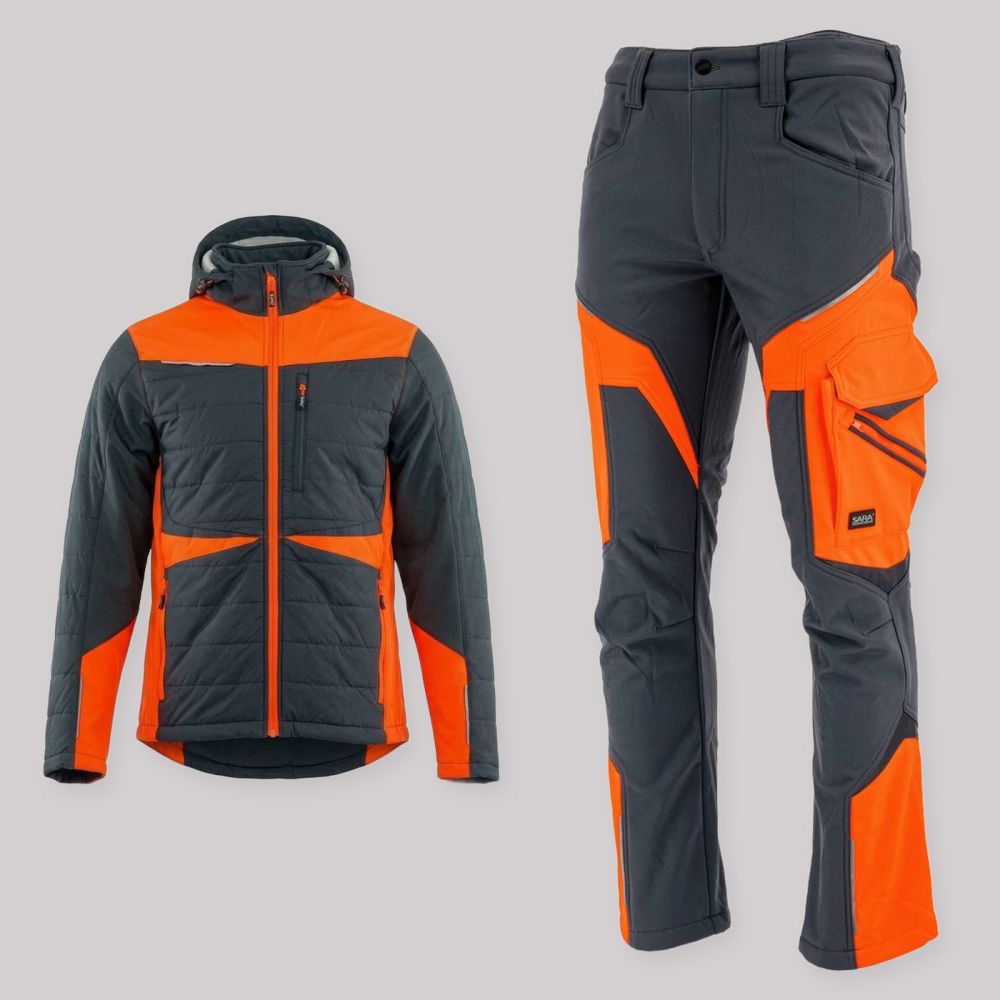 Zestaw roboczy na chłodne dni grafitowo-pomarańczowy — kurtka hybrydowa i spodnie softshell Comfort Winter