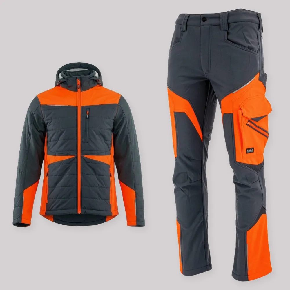 Zestaw roboczy na chłodne dni grafitowo-pomarańczowy — kurtka hybrydowa i spodnie softshell Comfort Winter