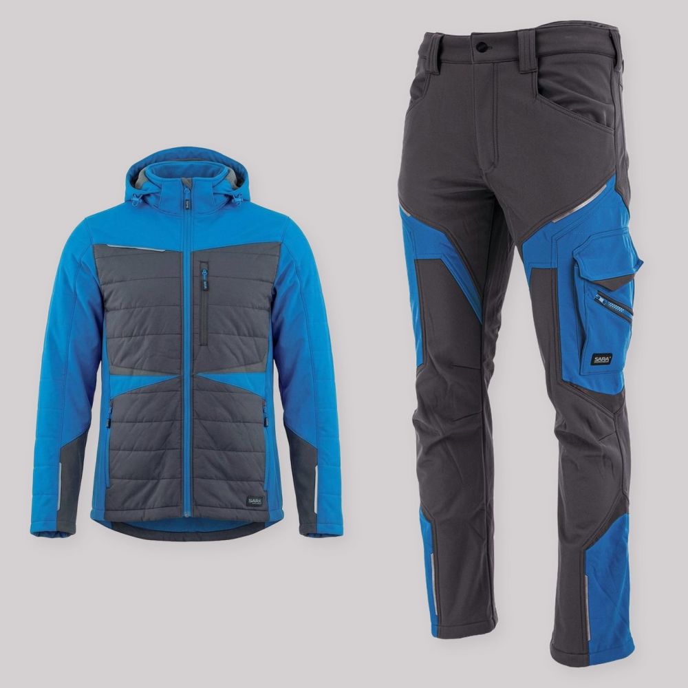 Zestaw roboczy na chłodne dni grafitowo-niebieski — kurtka hybrydowa i spodnie softshell Comfort Winter