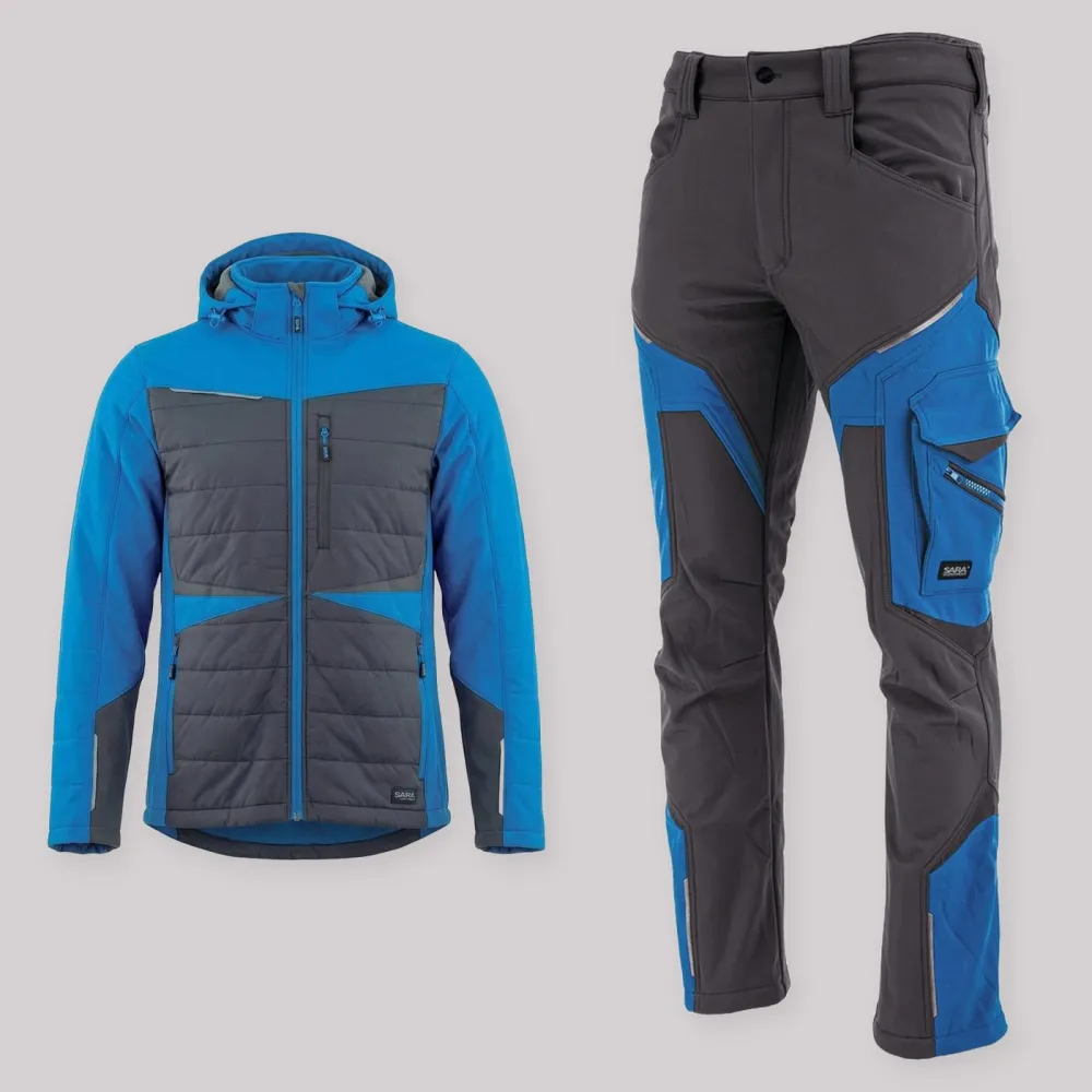 Zestaw roboczy na chłodne dni grafitowo-niebieski — kurtka hybrydowa i spodnie softshell Comfort Winter