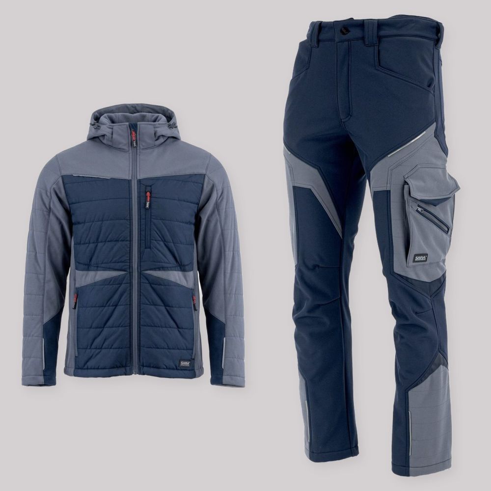 Zestaw roboczy na chłodne dni granatowo-szary — kurtka hybrydowa i spodnie softshell Comfort Winter