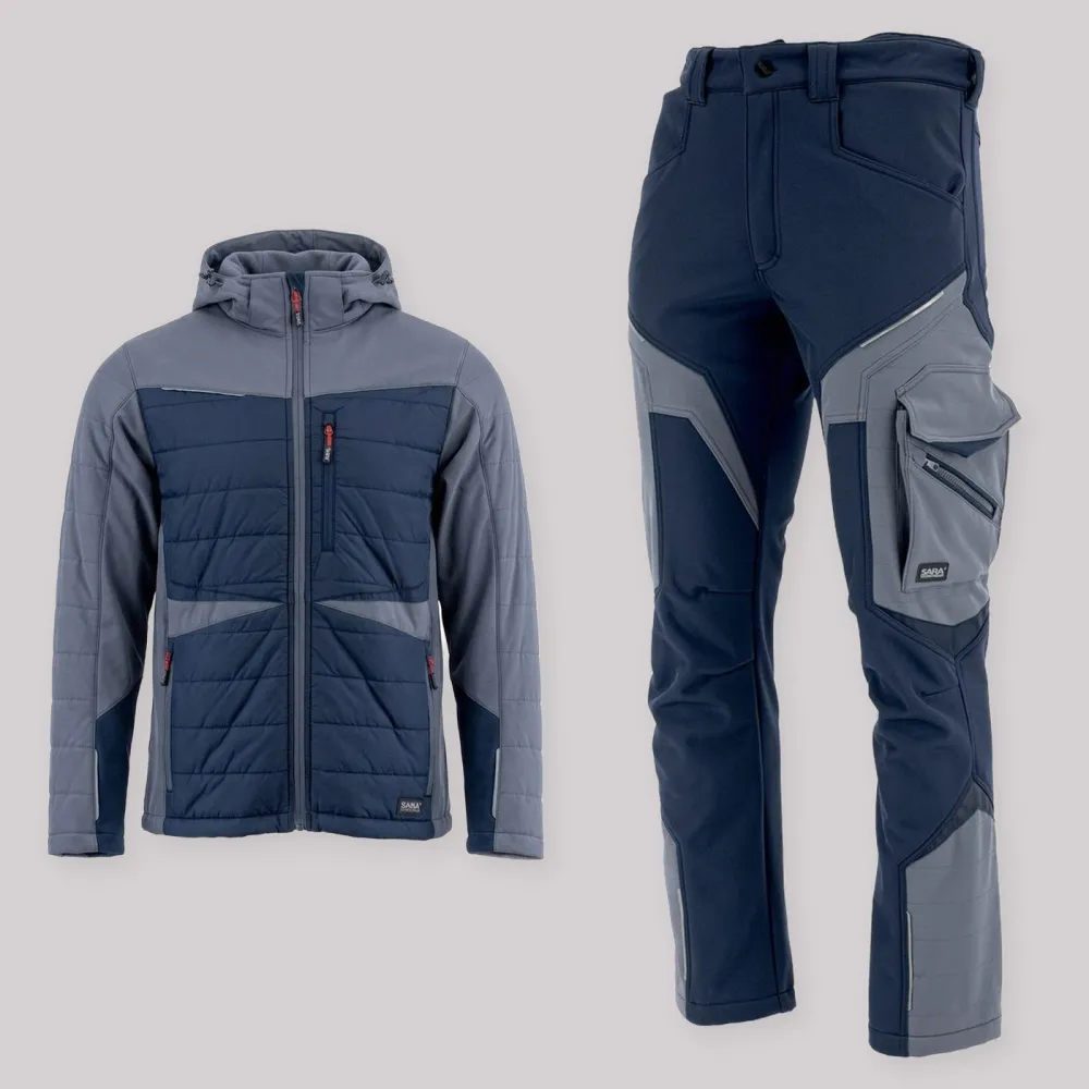 Zestaw roboczy na chłodne dni granatowo-szary — kurtka hybrydowa i spodnie softshell Comfort Winter