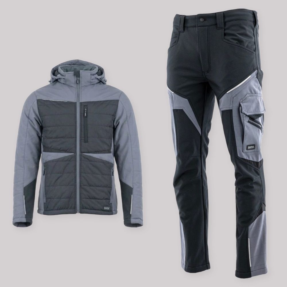 Zestaw roboczy na chłodne dni czarno-szary — kurtka hybrydowa i spodnie softshell Comfort Winter