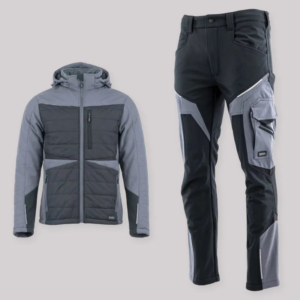 Zestaw roboczy na chłodne dni czarno-szary — kurtka hybrydowa i spodnie softshell Comfort Winter