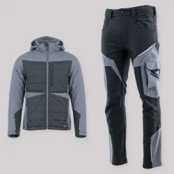 Zestaw roboczy na chłodne dni czarno-szary — kurtka hybrydowa i spodnie softshell Comfort Winter