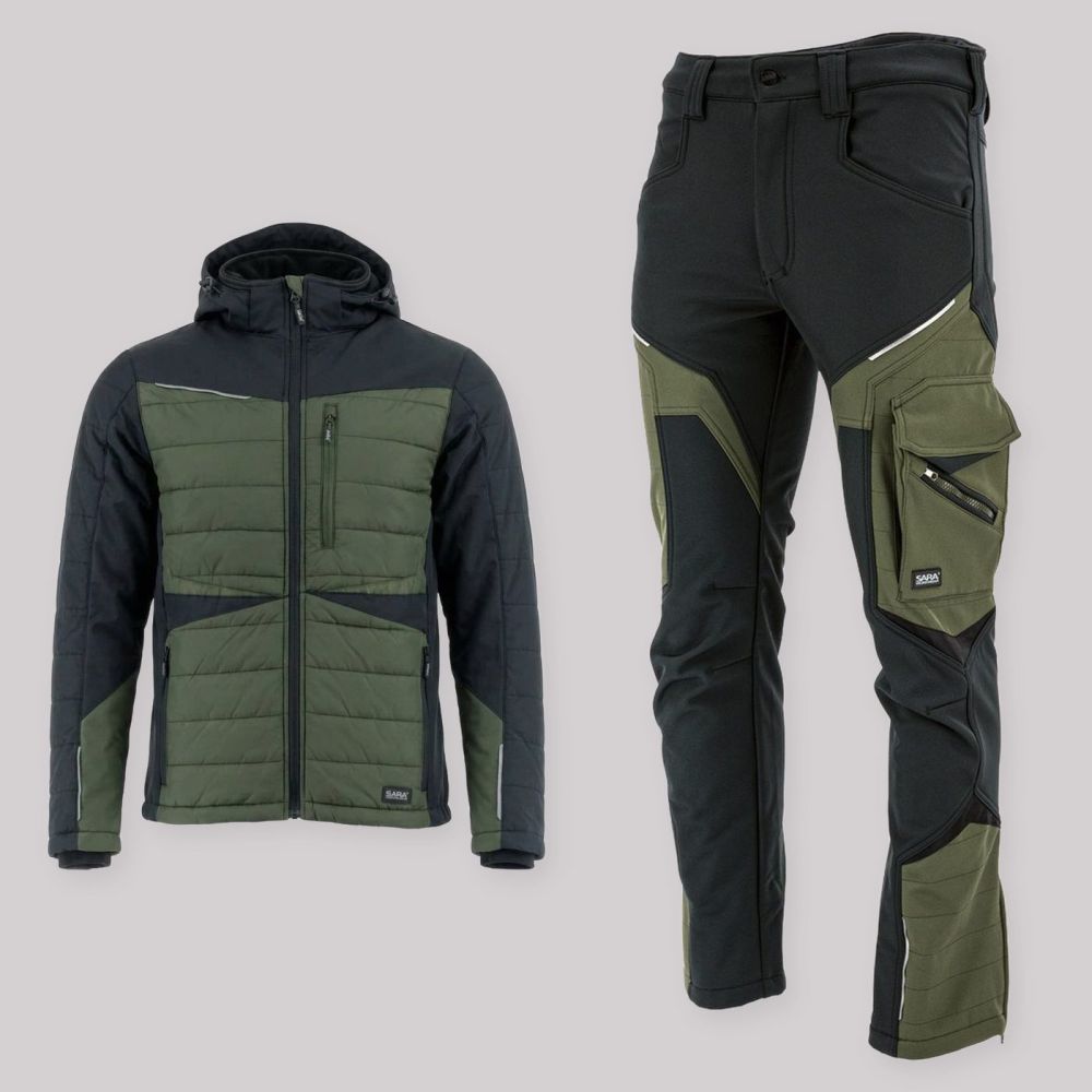 Zestaw roboczy na chłodne dni oliwkowo-czarny — kurtka hybrydowa i spodnie softshell Comfort Winter