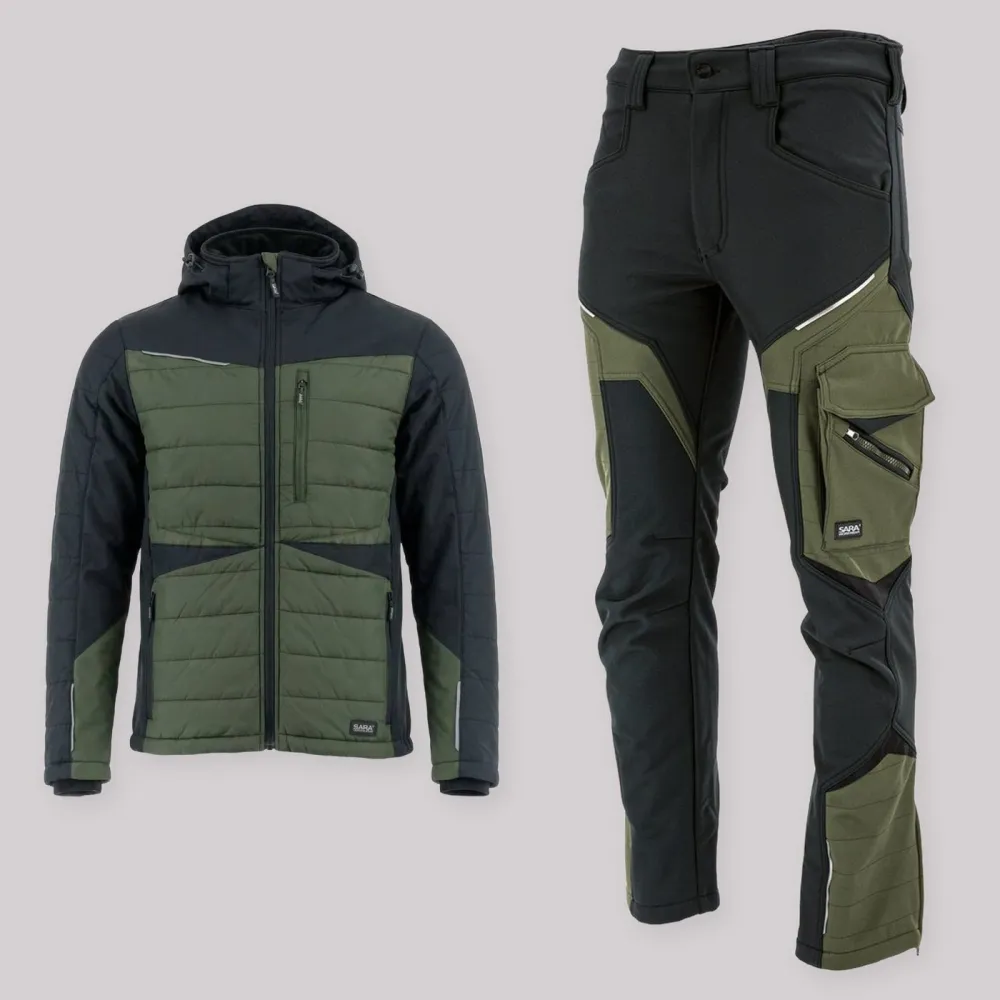 Zestaw roboczy na chłodne dni oliwkowo-czarny — kurtka hybrydowa i spodnie softshell Comfort Winter