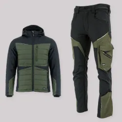 Zestaw roboczy na chłodne dni oliwkowo-czarny — kurtka hybrydowa i spodnie softshell Comfort Winter