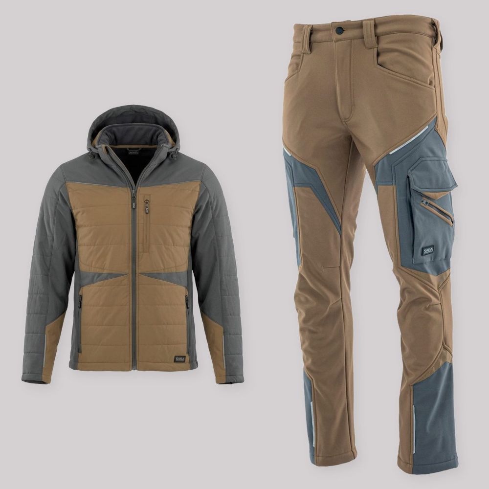 Zestaw roboczy na chłodne dni brązowo-grafitowy — kurtka hybrydowa i spodnie softshell Comfort Winter