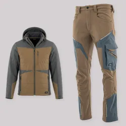 Zestaw roboczy na chłodne dni brązowo-grafitowy — kurtka hybrydowa i spodnie softshell Comfort Winter