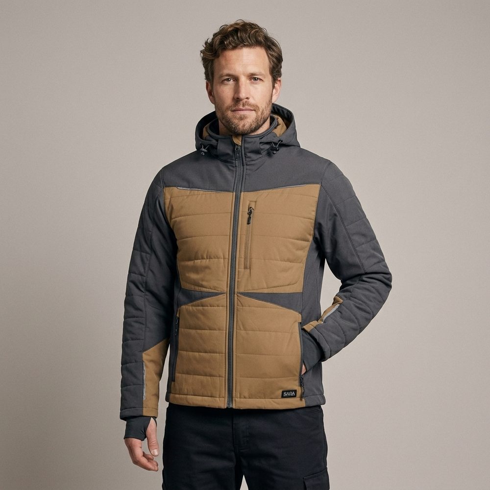 Zestaw roboczy na chłodne dni brązowo-grafitowy — kurtka hybrydowa i spodnie softshell Comfort Winter