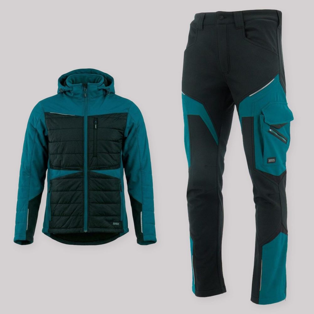 Zestaw roboczy na chłodne dni czarno-petrolowy — kurtka hybrydowa i spodnie softshell Comfort Winter