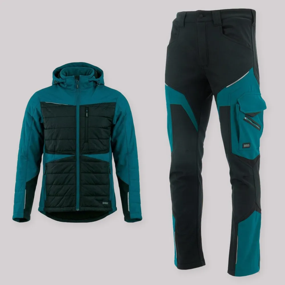 Zestaw roboczy na chłodne dni czarno-petrolowy — kurtka hybrydowa i spodnie softshell Comfort Winter