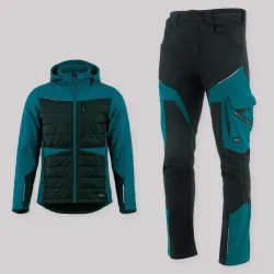 Zestaw roboczy na chłodne dni czarno-petrolowy — kurtka hybrydowa i spodnie softshell Comfort Winter