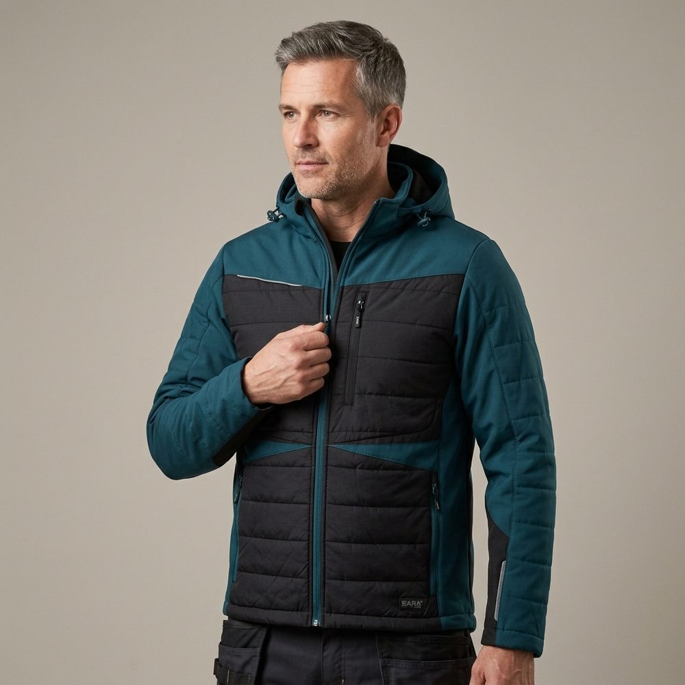 Zestaw roboczy na chłodne dni czarno-petrolowy — kurtka hybrydowa i spodnie softshell Comfort Winter